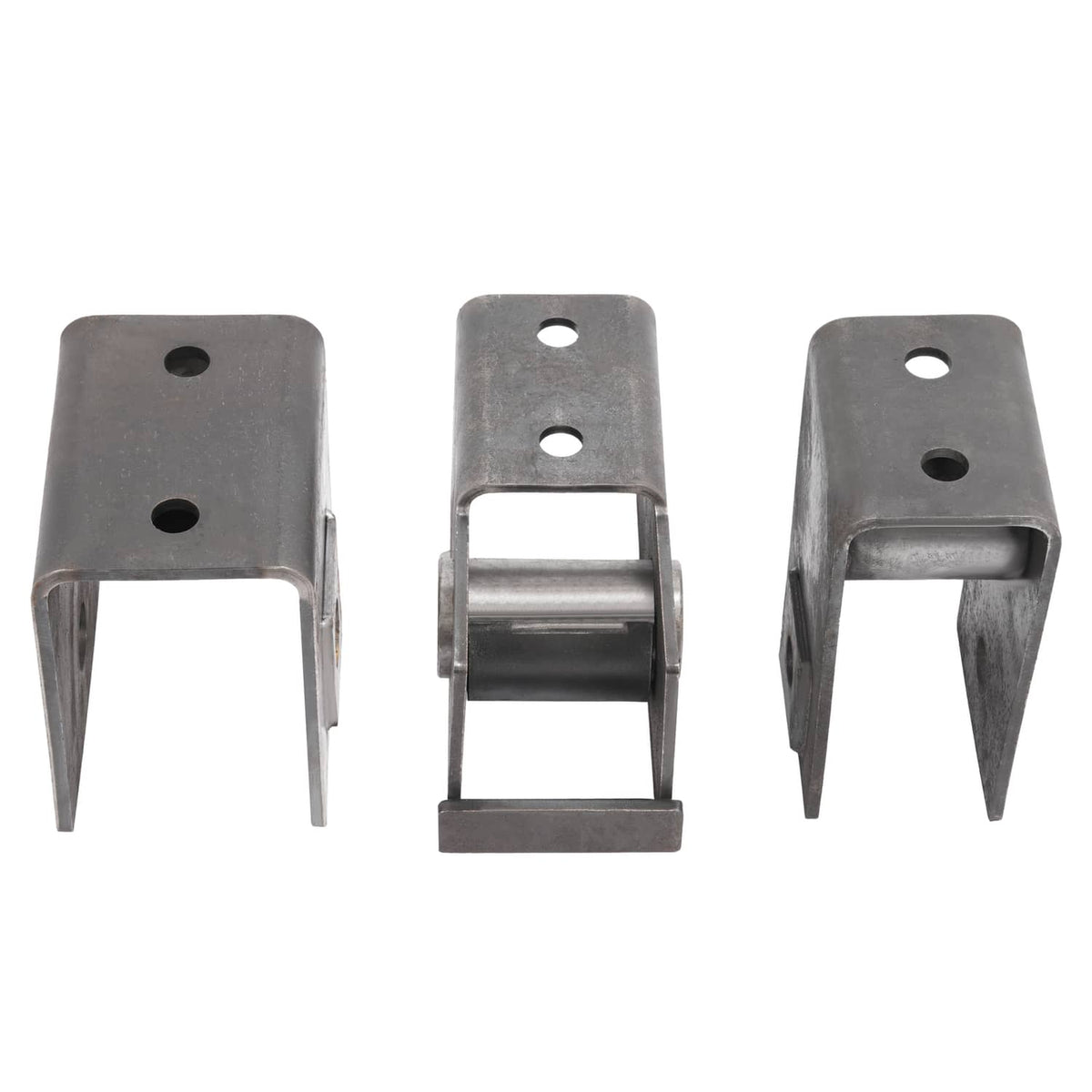 Steel slipper spring hanger brackets with fork ends and bolt holes, three-piece set