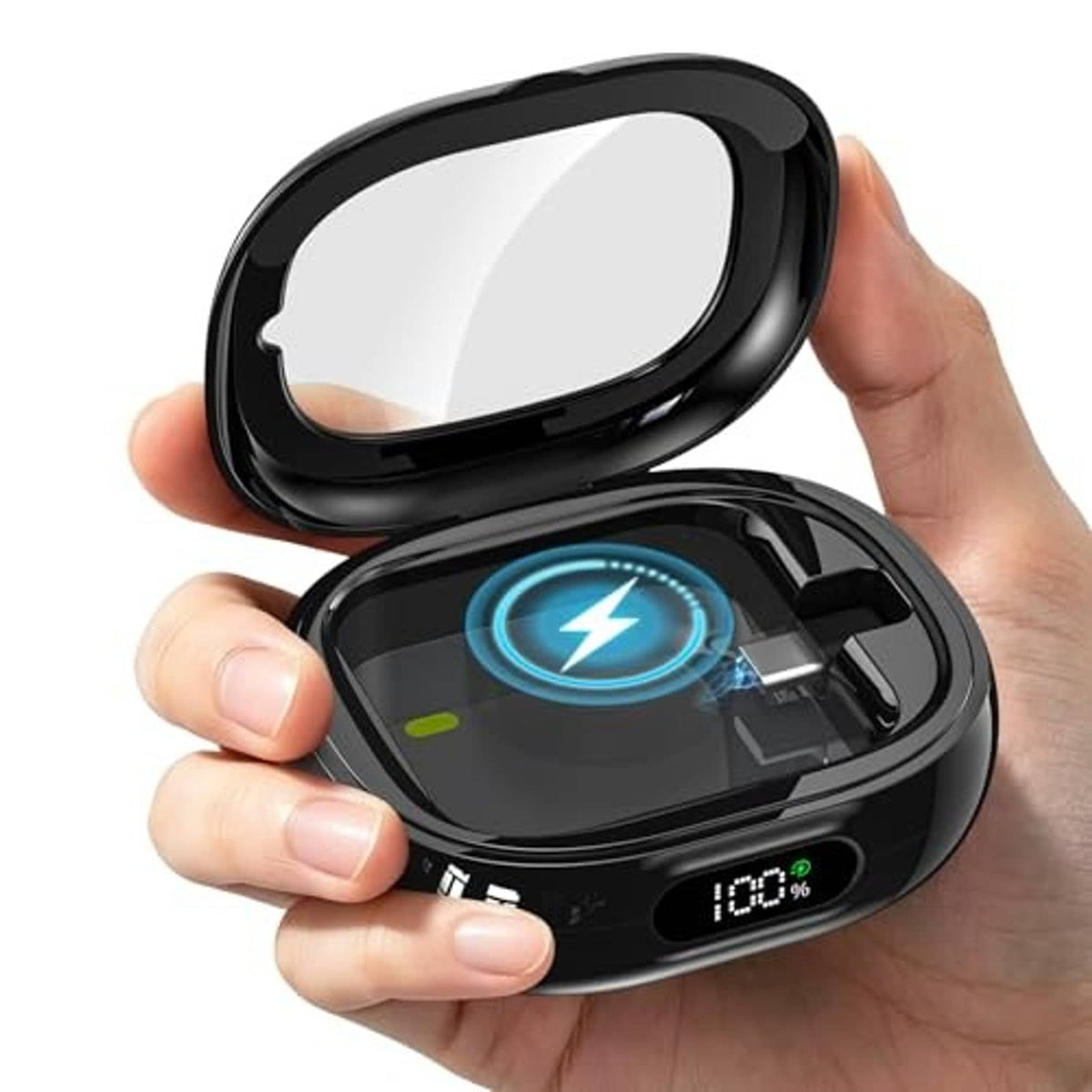 Black charging case with open lid, LED charging icon, and battery percentage display