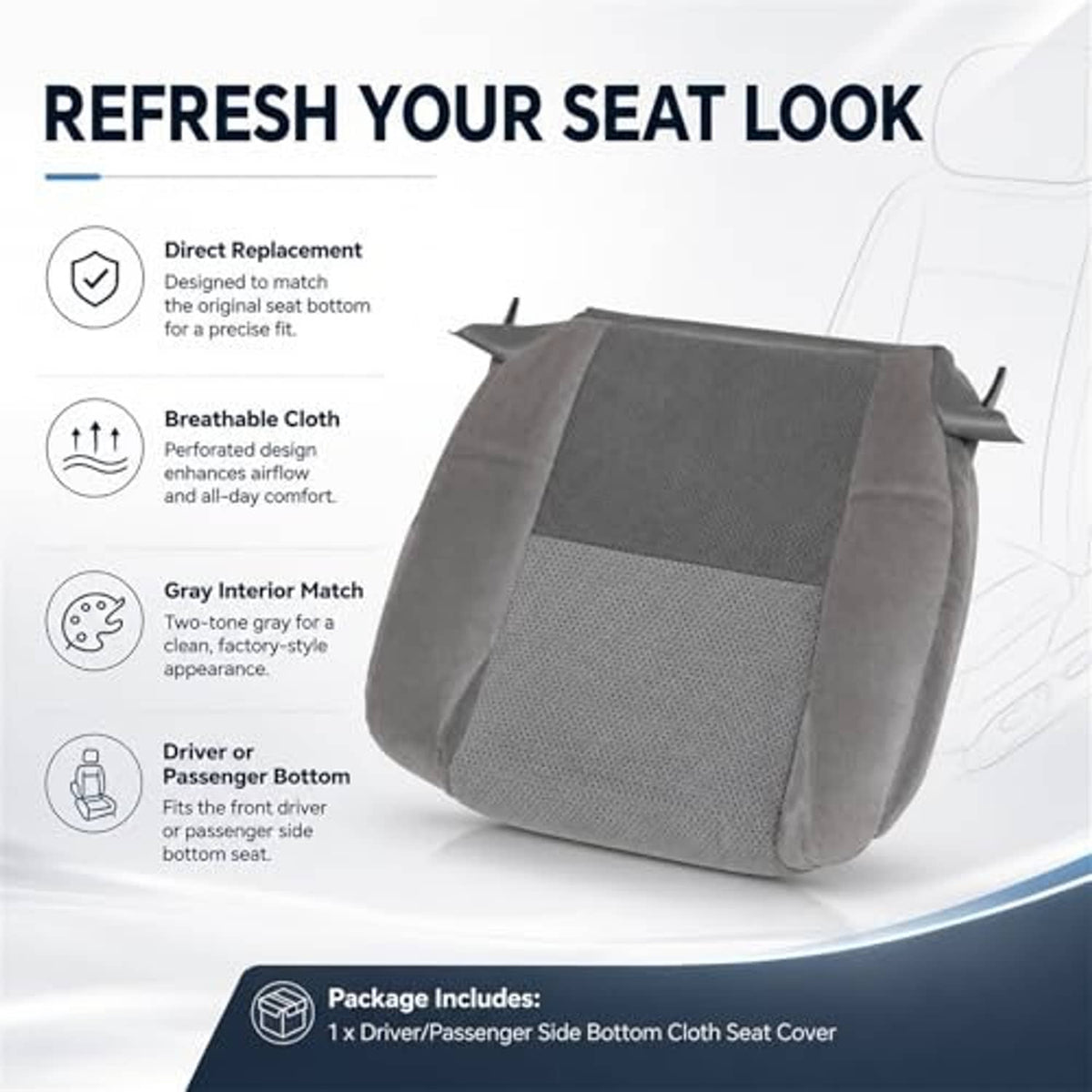 Gray cloth seat cover with textured center and curved bolsters, front bottom replacement