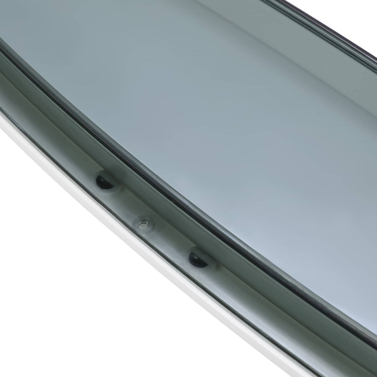 Boat oval window frame edge with white trim, dark glass, and mounting holes