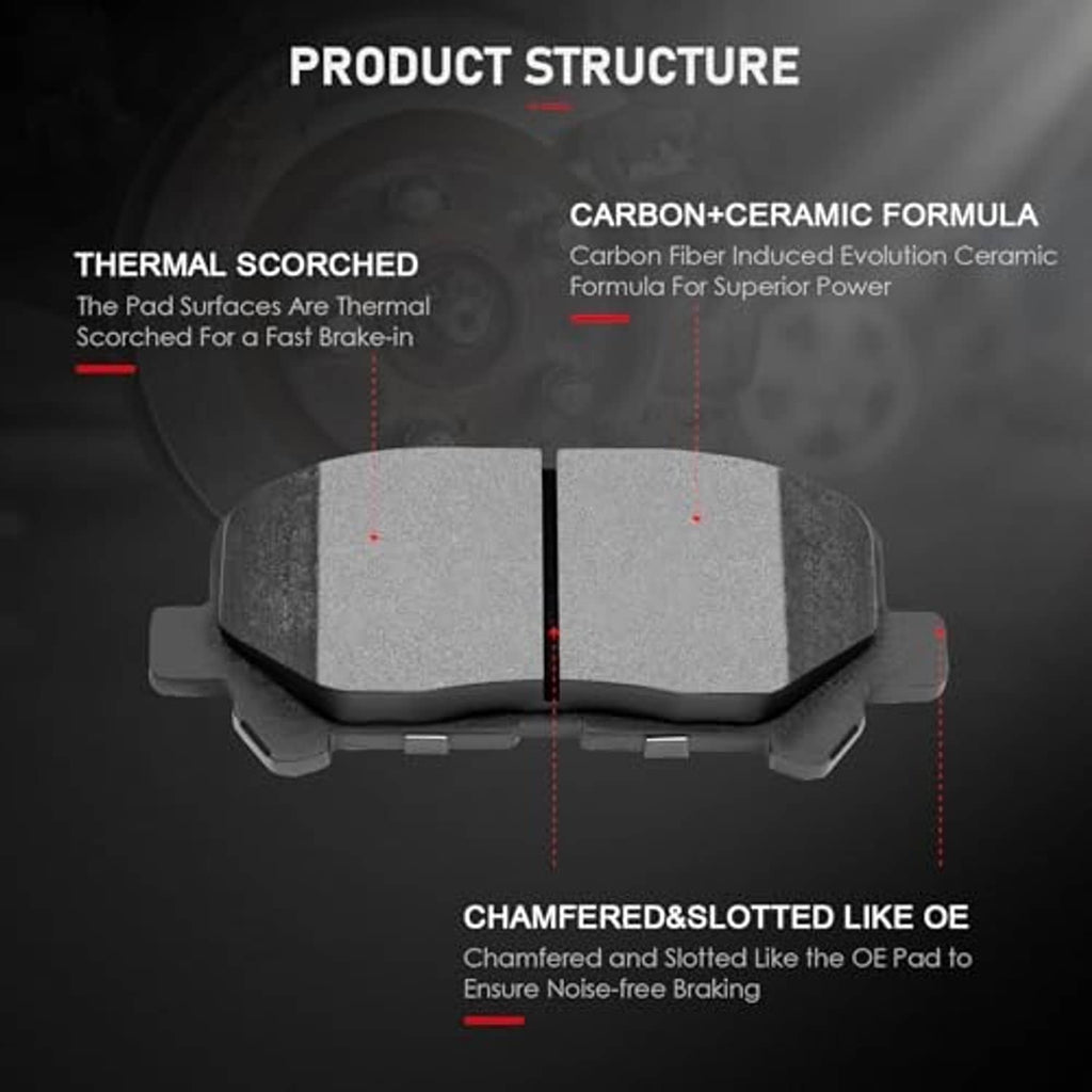 Brake pad pair with grey ceramic friction faces and black backing, cross-section view