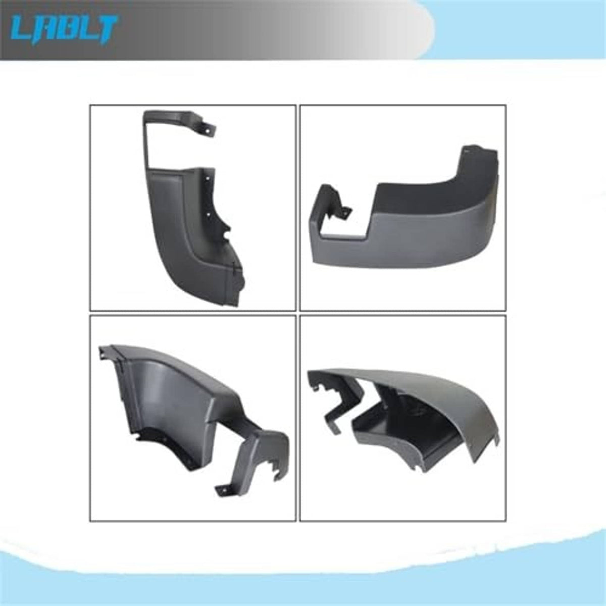 Left rear bumper side end cap cover, dark gray plastic shown from multiple angles