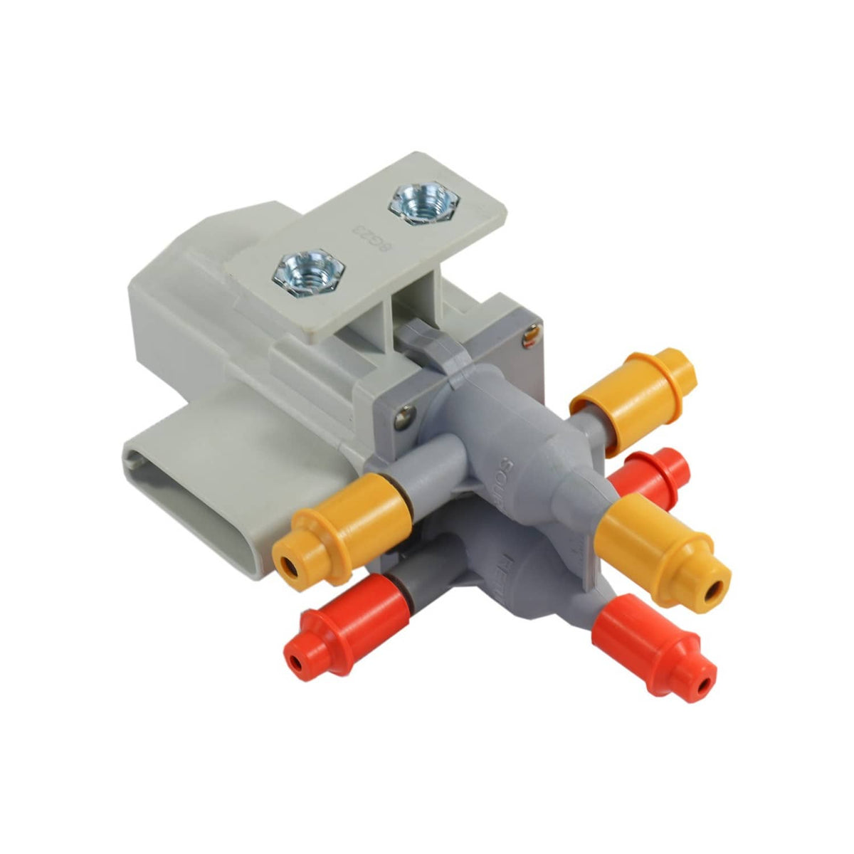 Fuel tank selector valve with gray housing and red, orange, and yellow connector tips