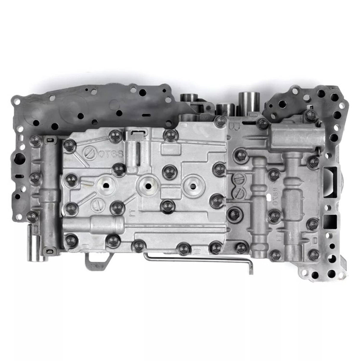 Transmission valve body top view with bolt holes and internal hydraulic channels, gray