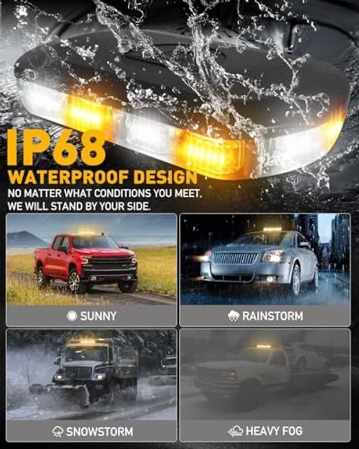 Waterproof rooftop strobe light bar with amber and white LEDs shown with water splashes
