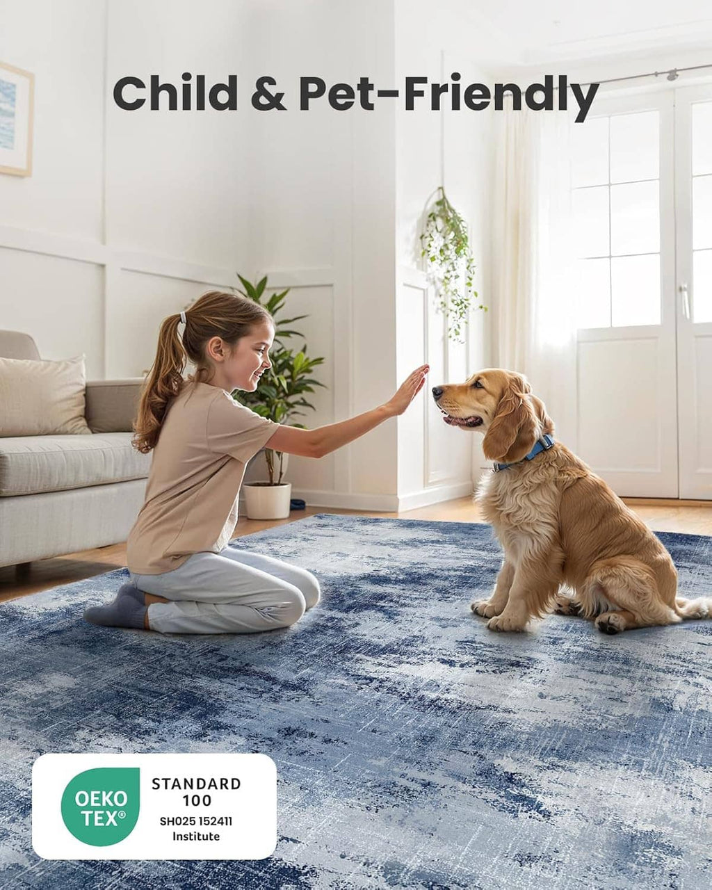 Blue area rug as a child plays with a dog near a sofa