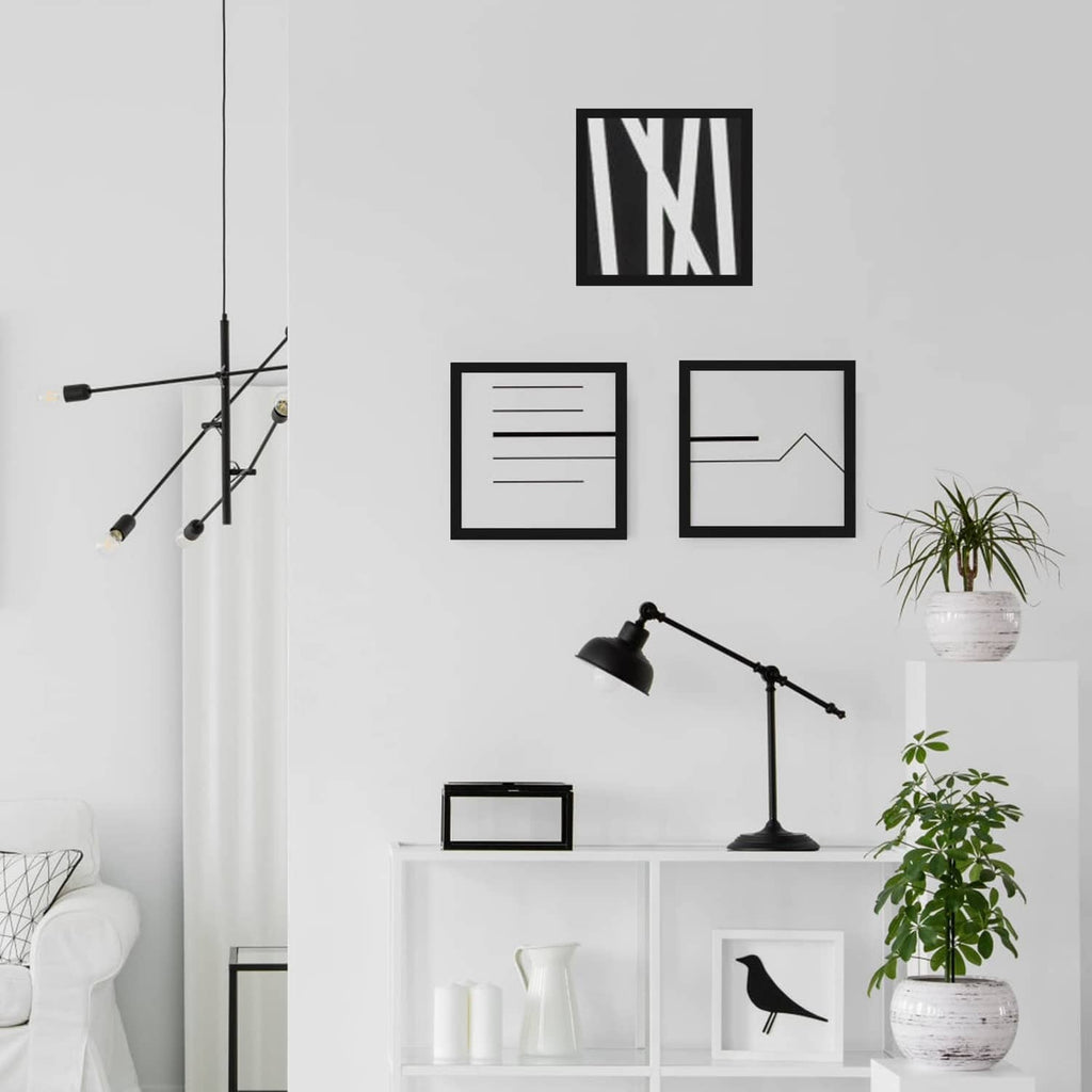 Black square picture frame with clear plexiglass front, showing abstract line artwork