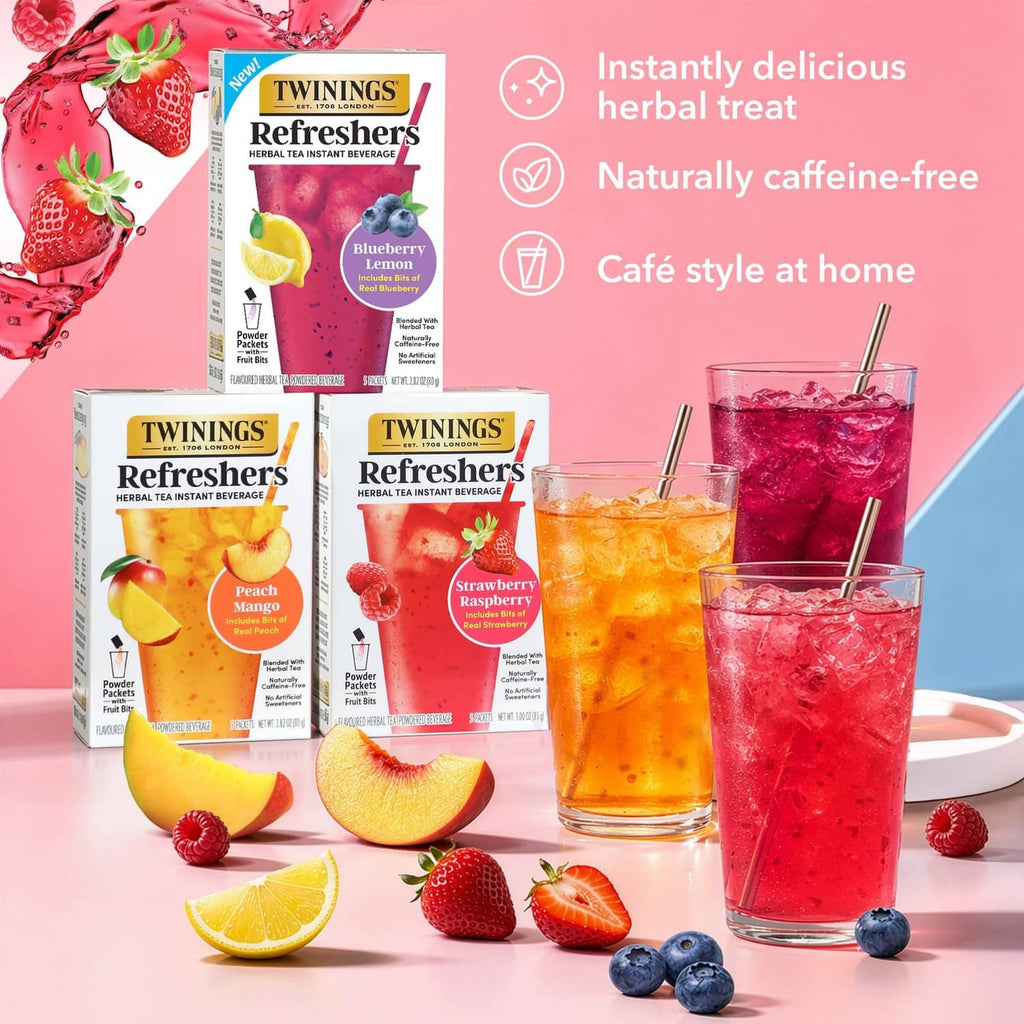 Assorted instant herbal tea mix boxes with iced drinks and fruit garnishes
