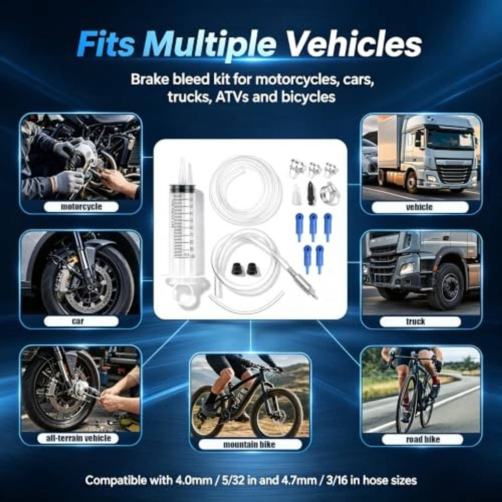 Motorcycle brake bleeder kit parts set with white syringe, clear hose, blue adapters