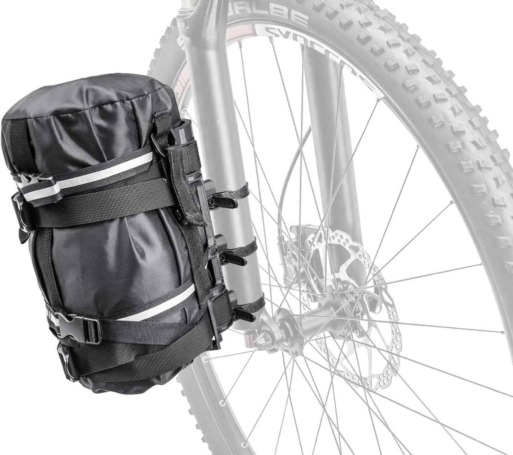 Black front cargo bag mounted to bike fork with two strap bands