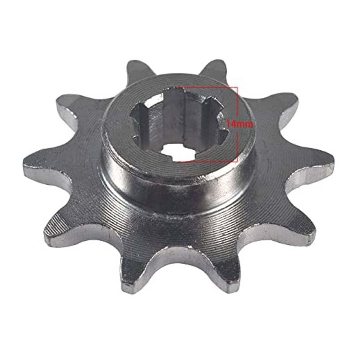 Steel sprocket gear with keyed hub; 14mm marked on the center area