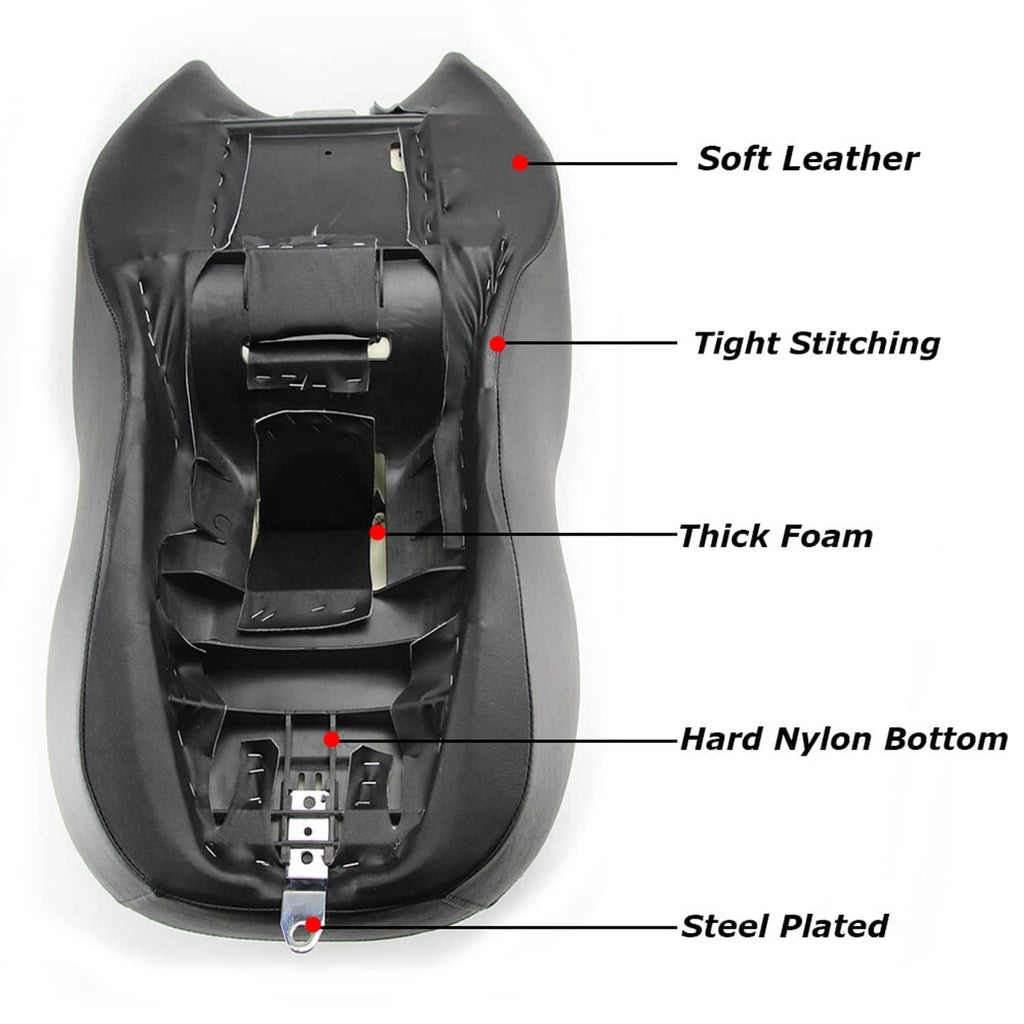 Underside view of black 2-up motorcycle seat with foam padding and hard nylon base