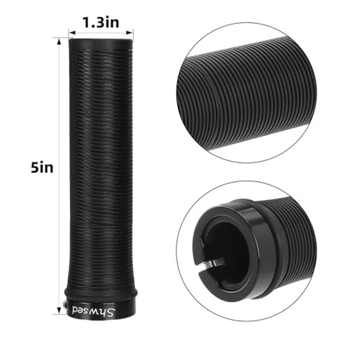 Black ribbed handlebar grips, 5in length shown with close-up end cap