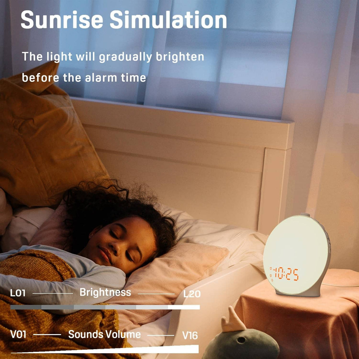 Sunrise alarm clock on a bedside table beside a sleeping child