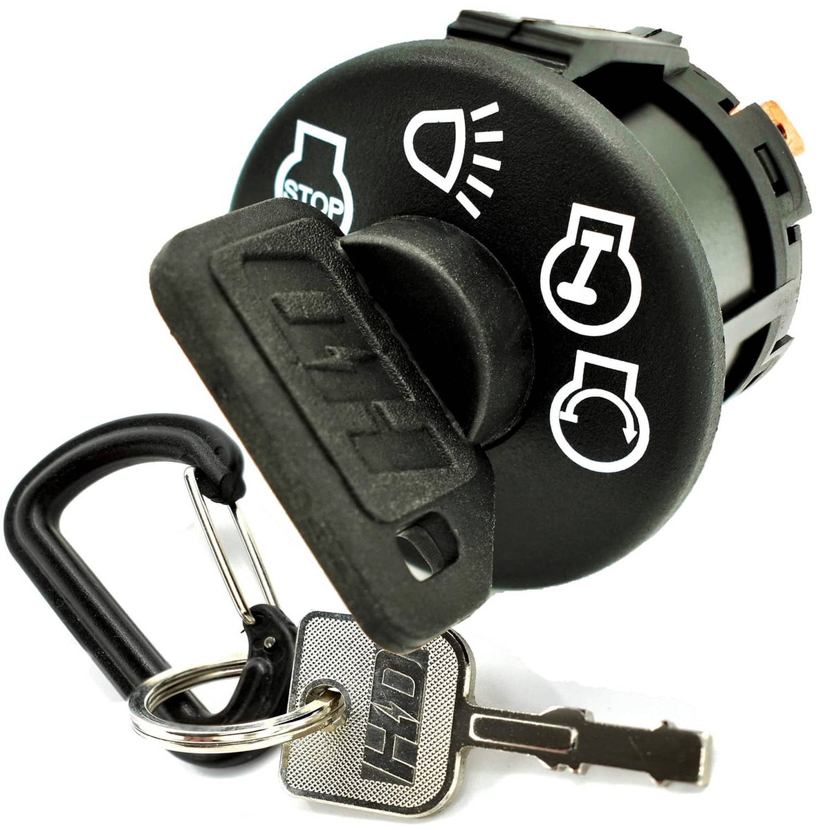 Black 4-position ignition key switch with key ring and metal key blade