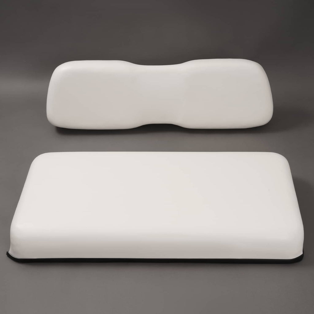 White front seat bottom and backrest cushion covers with black trim edge