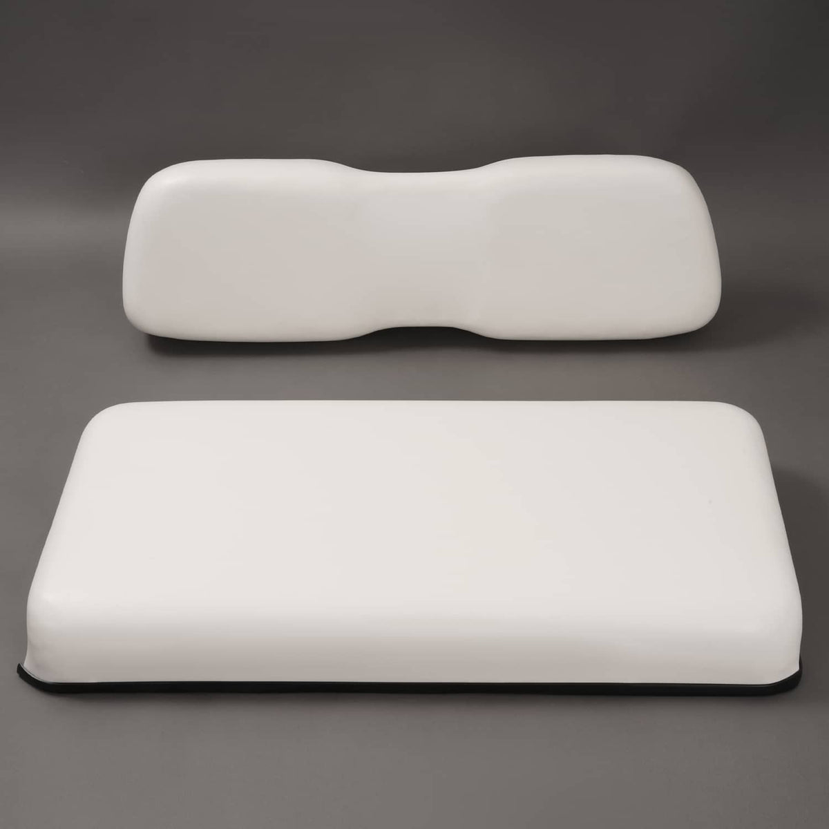 White front seat bottom and backrest cushion covers with black trim edge