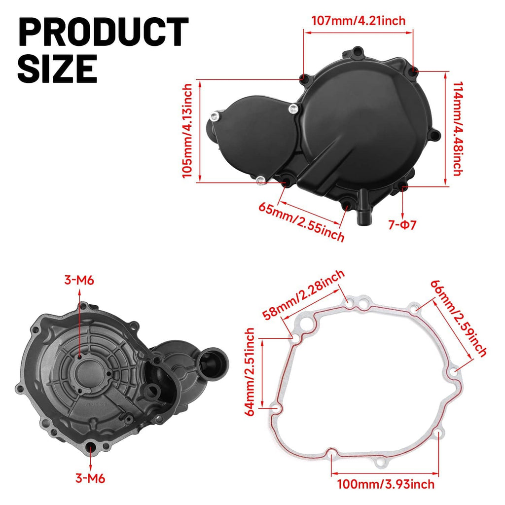 Black left engine crankcase cover with gasket and labeled dimensions diagram