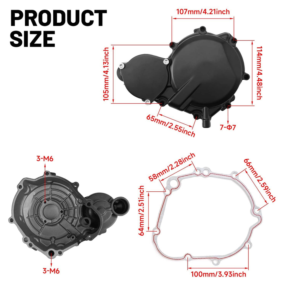 Black left engine crankcase cover with gasket and labeled dimensions diagram