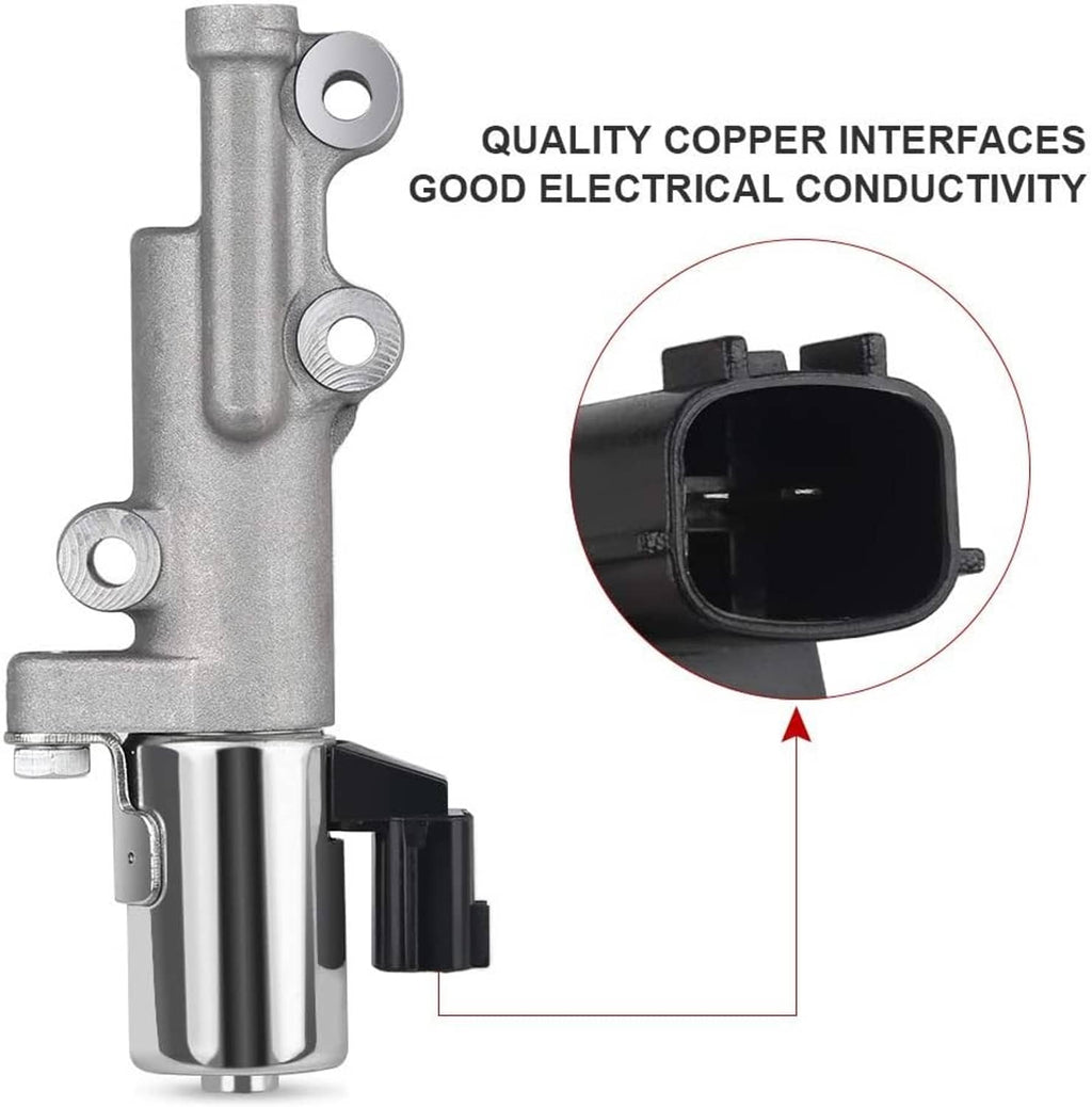 Variable timing solenoid with silver housing and black electrical connector plug
