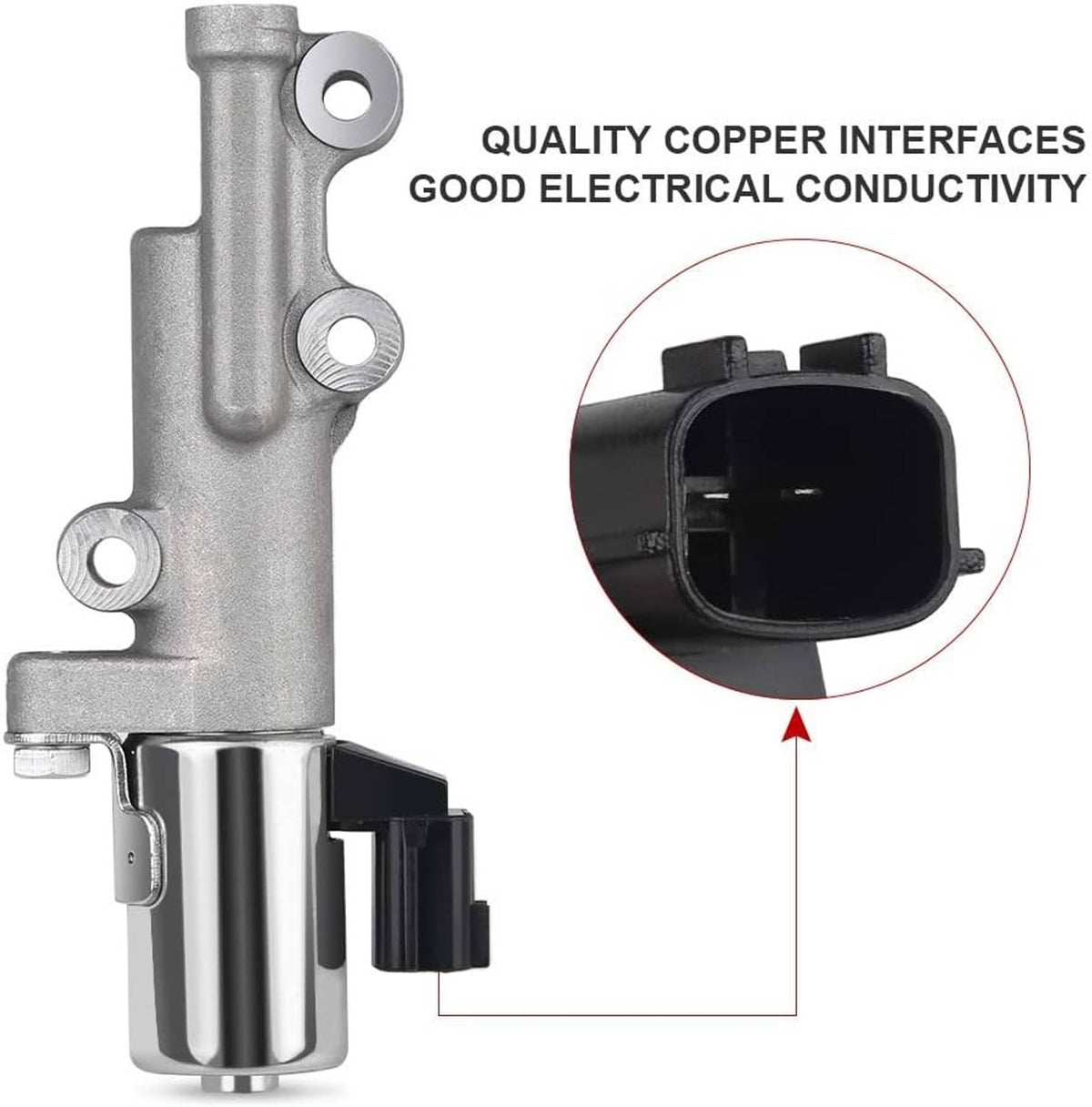 Variable timing solenoid with silver housing and black electrical connector plug