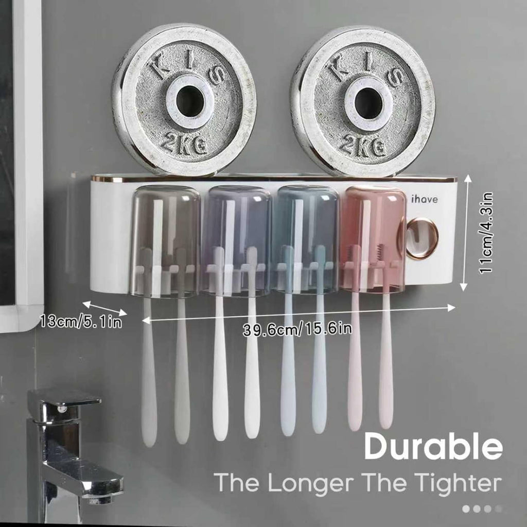Wall toothbrush holder with four cups and dimensions for size and height
