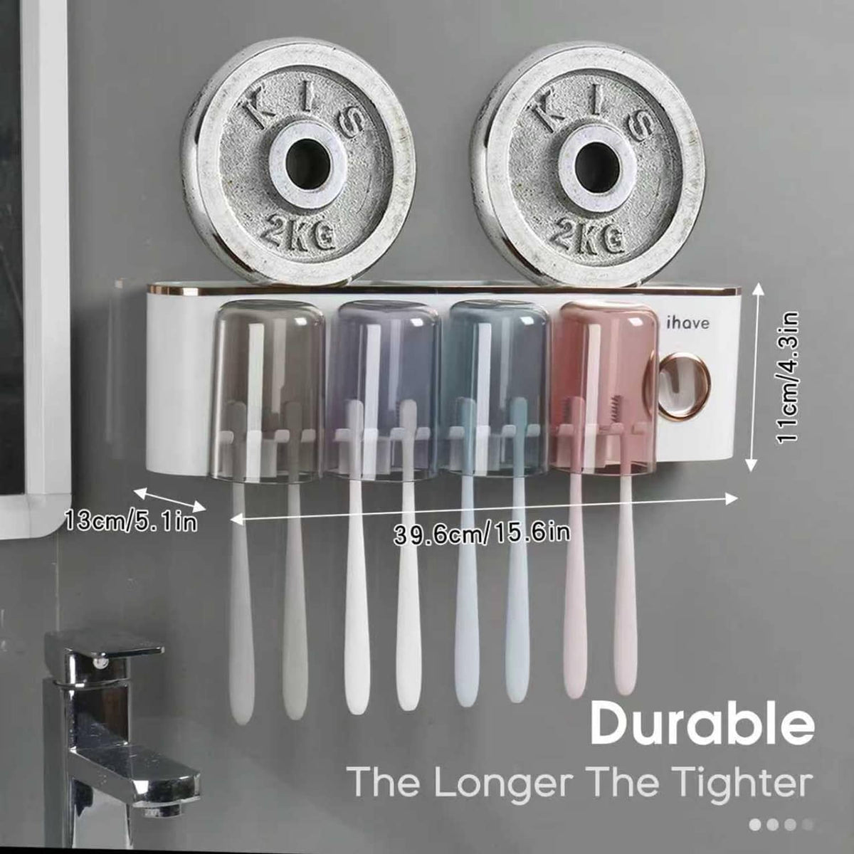 Wall toothbrush holder with four cups and dimensions for size and height