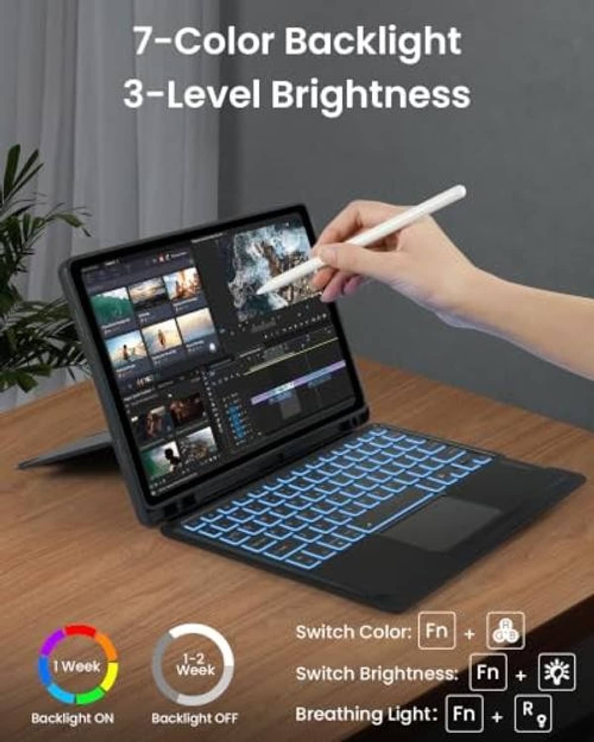 Smart trackpad keyboard case with backlit blue keys and tablet on desk in use