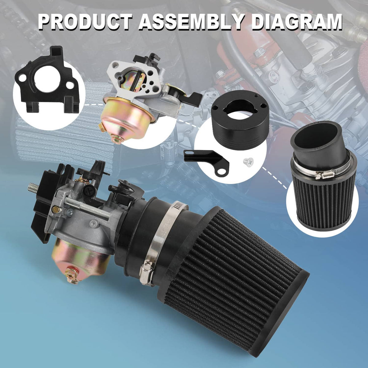 Air filter adapter jet kit assembly diagram with cone filter, carburetor, and gaskets