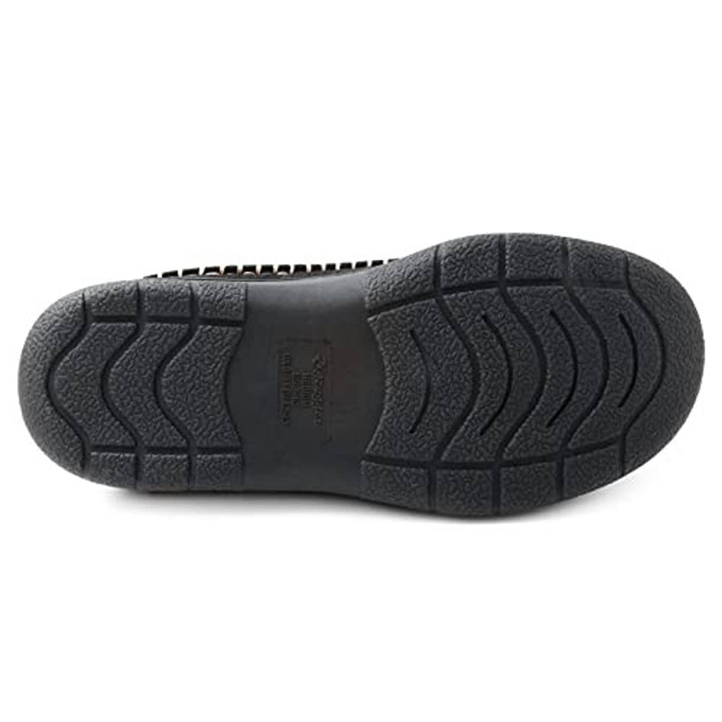 Black rubber outsole for fuzzy moccasin slipper, textured tread bottom view