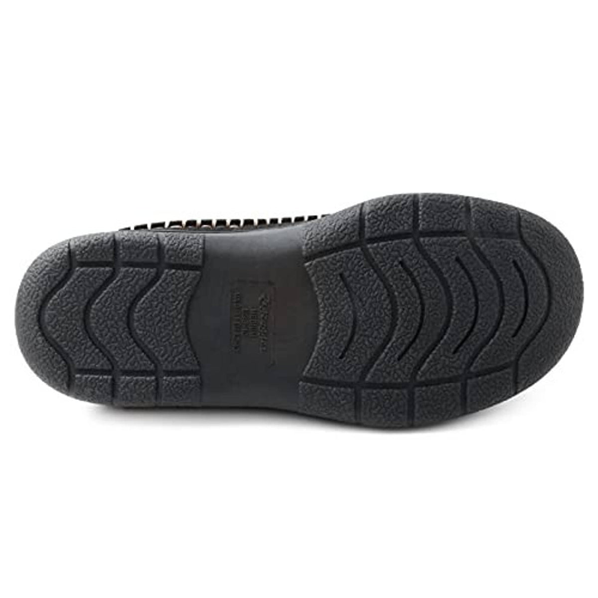 Black rubber outsole for fuzzy moccasin slipper, textured tread bottom view