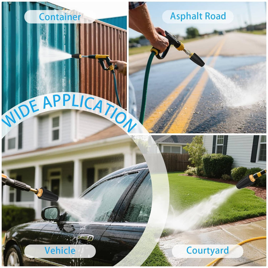 Turbo pressure washer nozzle tip spraying water on driveway, vehicle, and courtyard