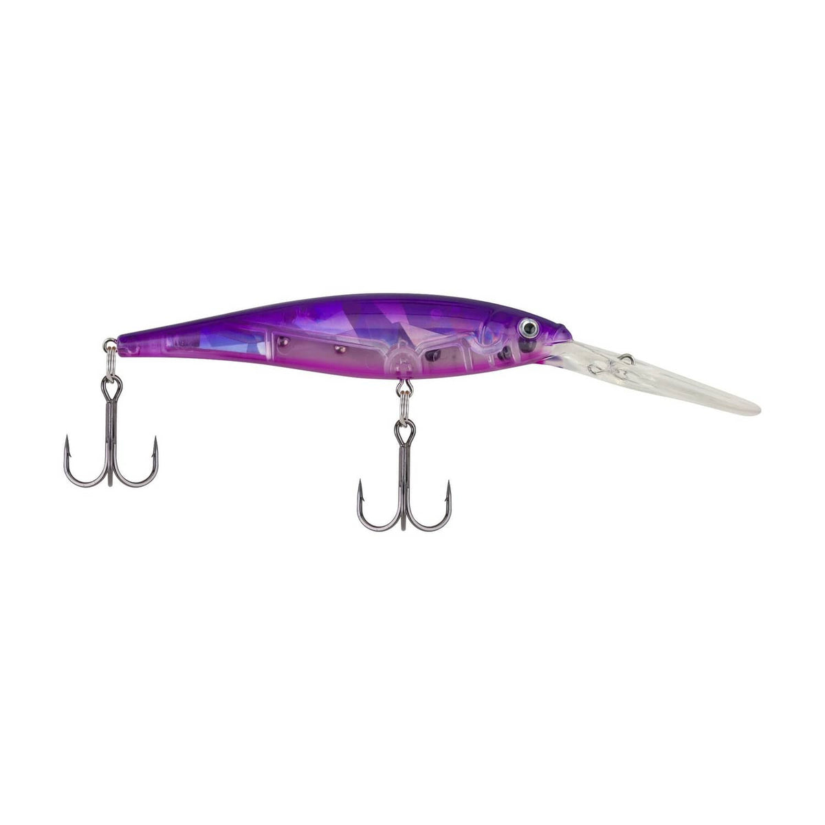 Purple crankbait fishing lure with two treble hooks and clear bill, glossy finish
