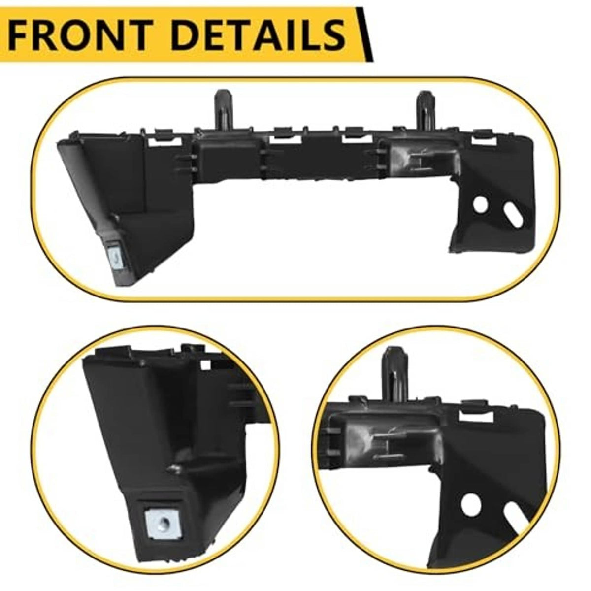 Front detail of black bumper cover support retainer bracket pair, mounting points shown