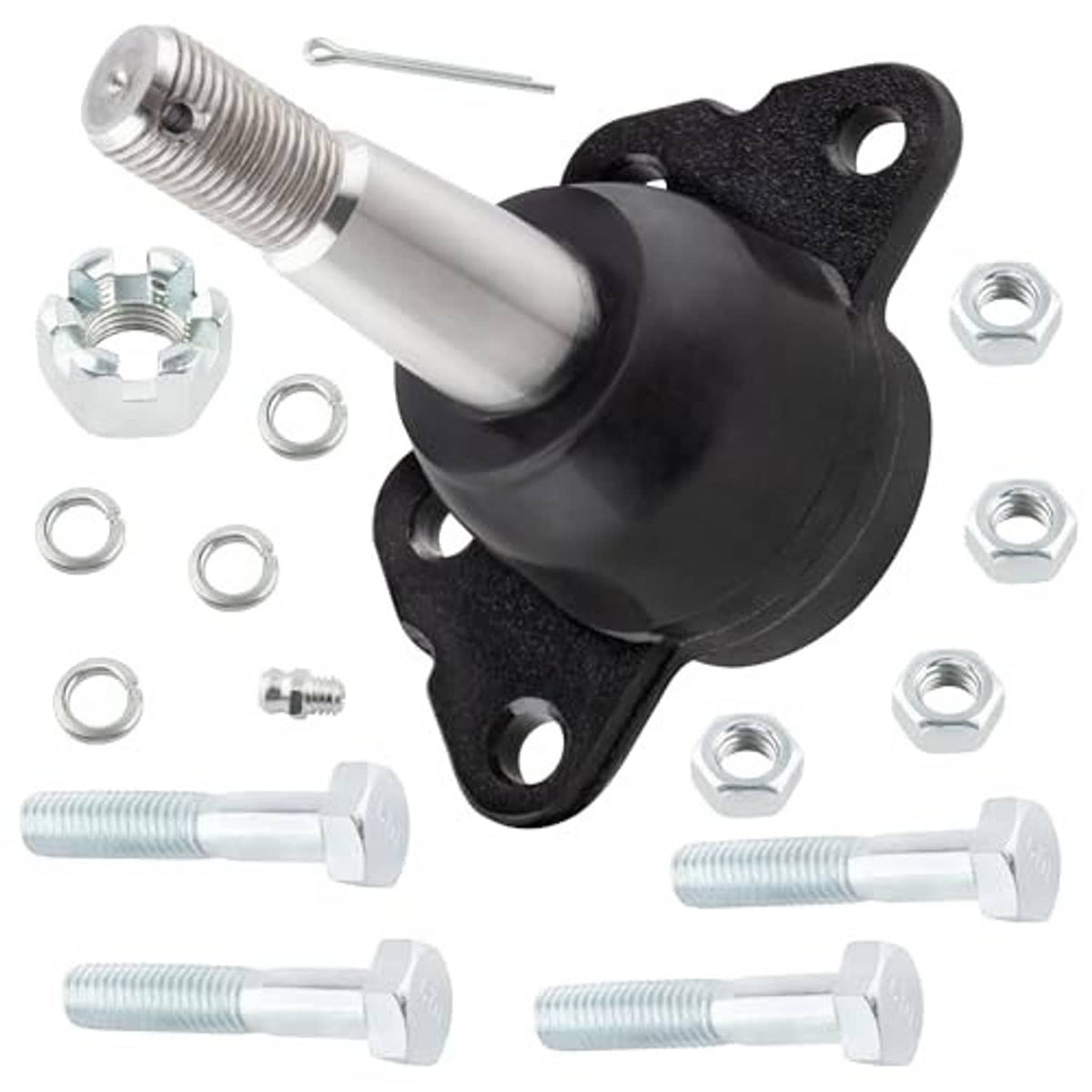 Front upper suspension ball joint with black mount plate, metal stud, and included hardware