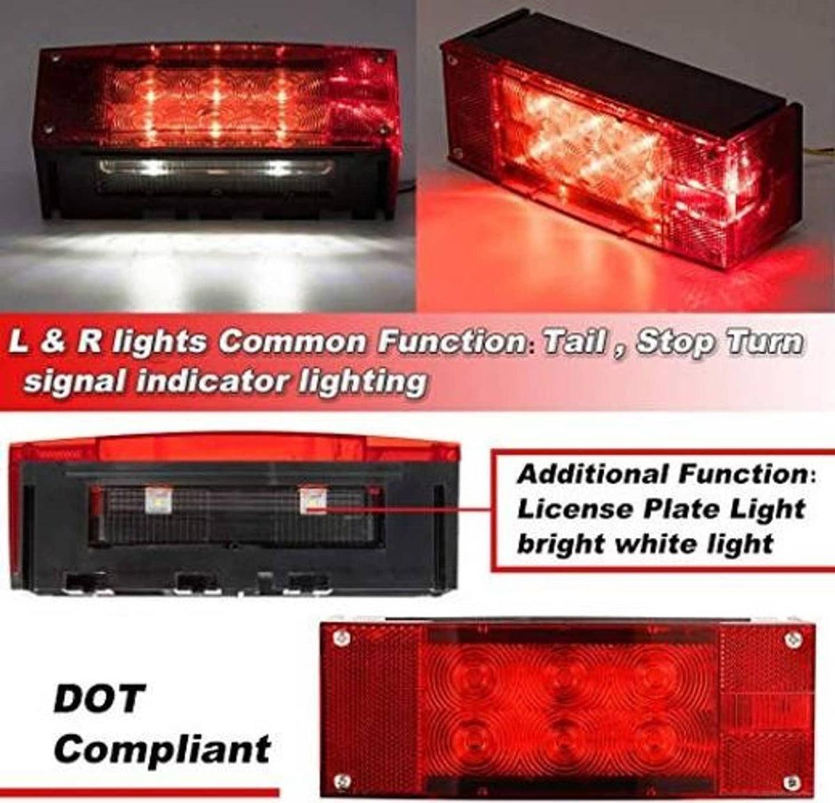 Red rectangular LED trailer light with clear lens and integrated white license-plate light