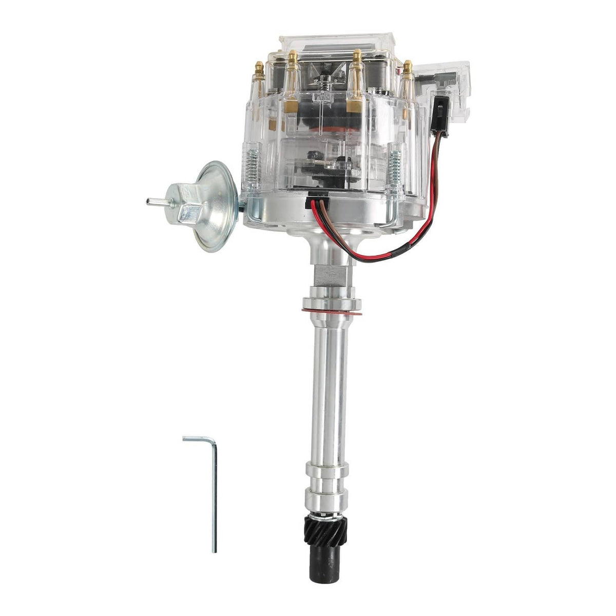 HEI distributor with clear cap, round vacuum advance, and chrome mainshaft, side view