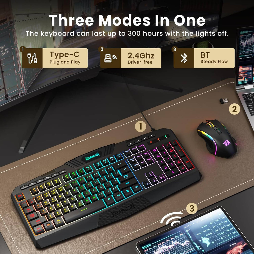 Compact RGB gaming keyboard and mouse on desk, black with colorful glowing keys