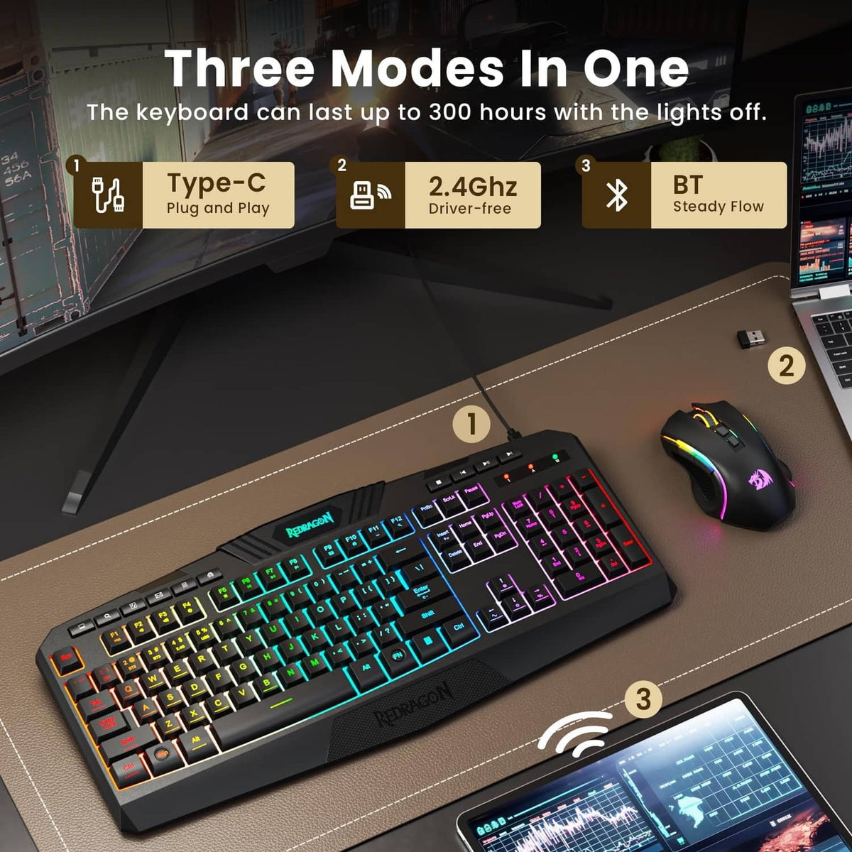 Compact RGB gaming keyboard and mouse on desk, black with colorful glowing keys