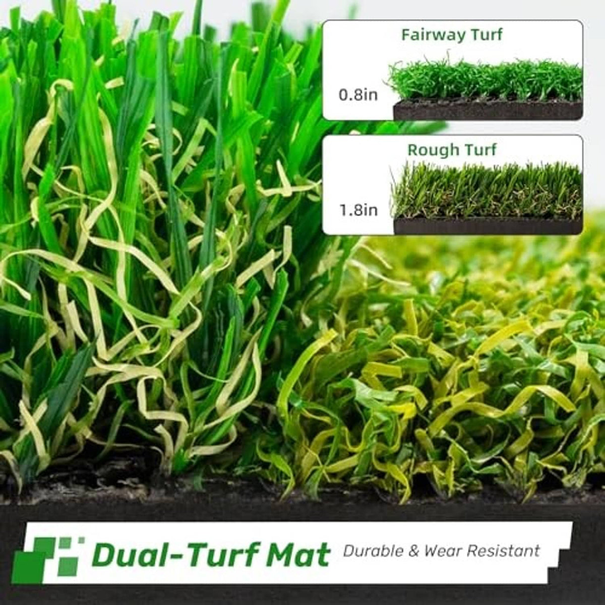 Close-up of green dual-turf golf mat with dense grass texture