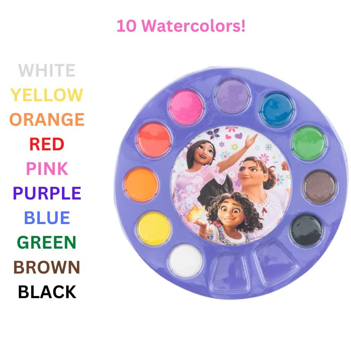 Encanto watercolor palette with colorful paint wells and character scene in the center