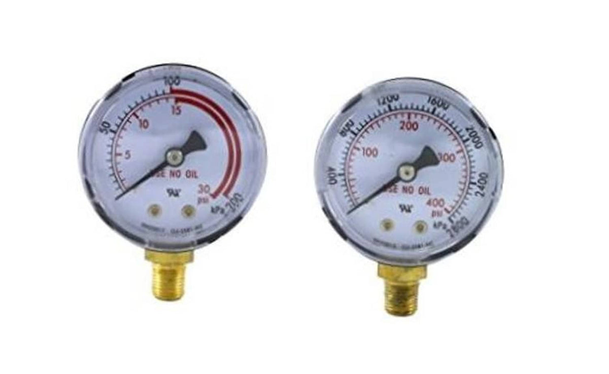 Dual acetylene regulator pressure gauges, two round dials with brass threaded mounts