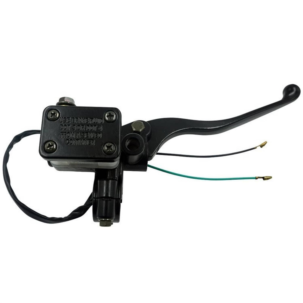 Front brake master cylinder with black lever, reservoir, and wire leads