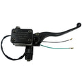 Front brake master cylinder with black lever, reservoir, and wire leads