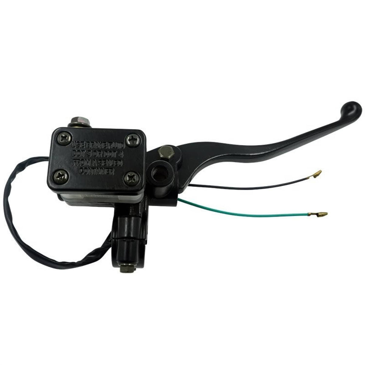 Front brake master cylinder with black lever, reservoir, and wire leads