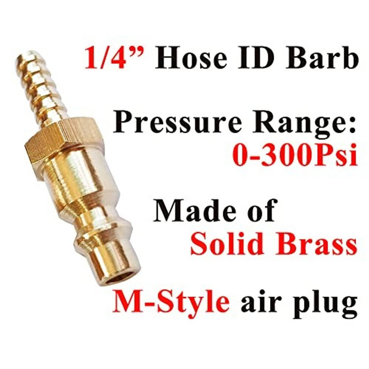 Solid brass 1/4 in air hose barb plug fitting, barbed insert with threaded collar