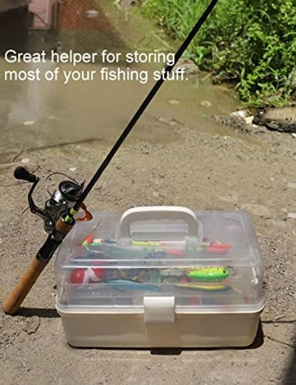 Closed white tackle organizer box with clear lid, visible fishing gear inside