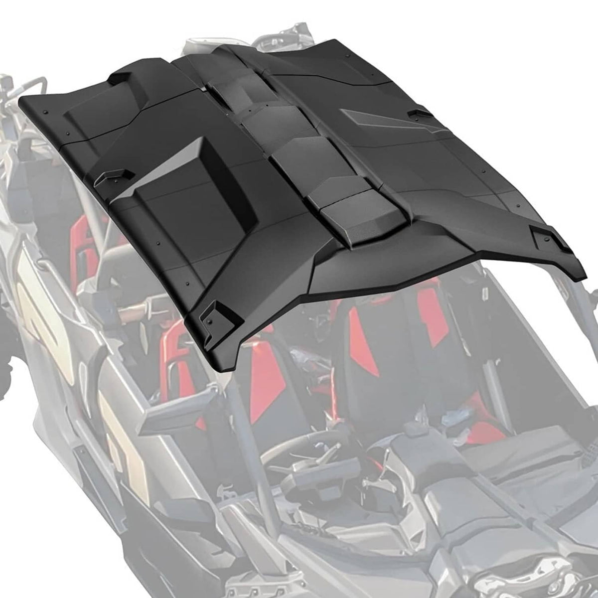 Black UTV hard roof panel, side view with support cutouts and mounting points
