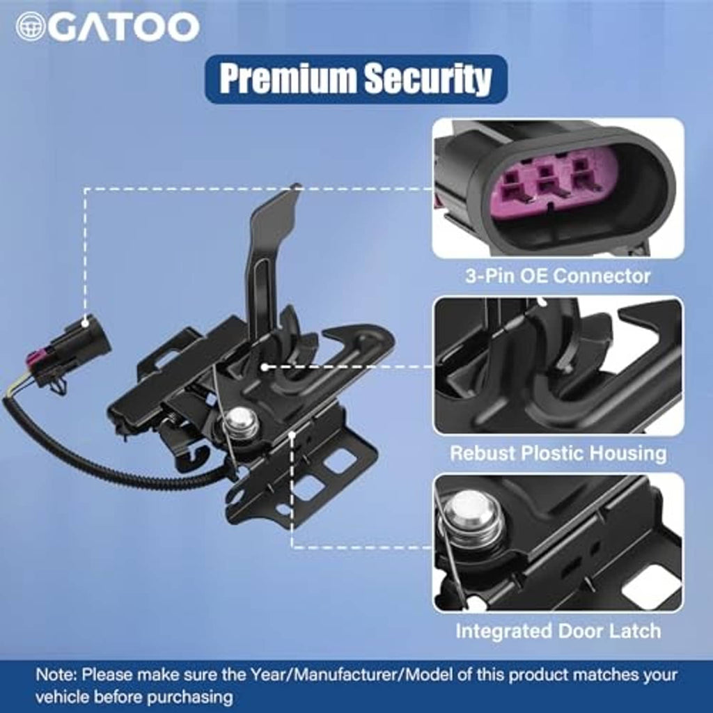 Black hood latch lock assembly with 3-pin connector, robust housing, and integrated latch