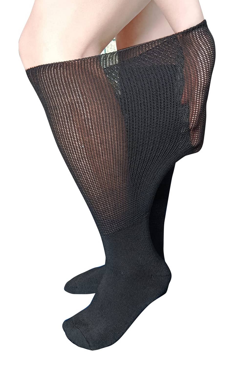 Black knee-high compression socks with mesh side panels and full foot coverage